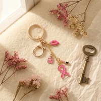 Porte-clés Ruban Rose Sensibilisation au Cancer du Sein, Pendentif Charme Émail Doré Lèvres Rouge à Lèvres Parfum, Clip de Sac à Main, Accessoire Cadeau