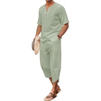 Ensemble 2 pièces en lin pour homme Chemise Henley à manches courtes et pantalon sarouel Capri à jambes larges Pantalon de yoga de plage Baggy Tenues