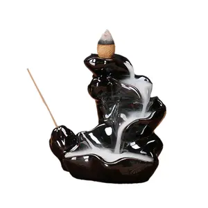 Ywbeyond Wood Incense Burner Lotus Waterfall Backflow Ceramic Censer Smoke Back Flow Cones Bullet Incense Holder Scented Gift