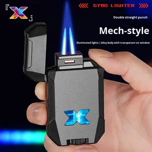 Encendedor Mecánico de Doble Llama para Influencers de <span class=keywords><strong>TikTok</strong></span>, Potente, con Luces Intermitentes de Colores, Metálico, Recargable, Resistente al Viento, para Cigarros - Product Image 3