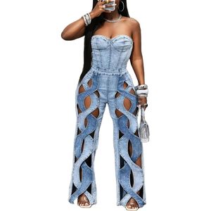 Combinaison en jean VOIKERDR pour femme, épaules dénudées, découpes, style Y2K, streetwear, robe longue sans manches - Product Image 2