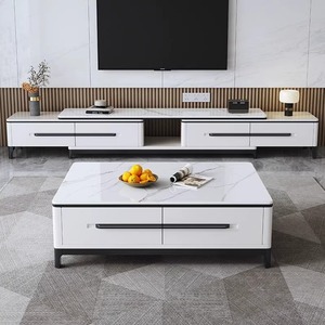 Meuble TV et <span class=keywords><strong>Table</strong></span> Basse de Salon Flottants en Marbre et Bois, Qualité Luxe Moderne, Rétractables avec Rangement, Dernier Design - Product Image 4