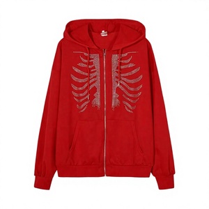 Sudadera con capucha y cremallera de felpa francesa roja de 450 g/m² con diseño gráfico de huesos de esqueleto con pedrería para hombre, estilo oversize, para otoño. - Product Image 4