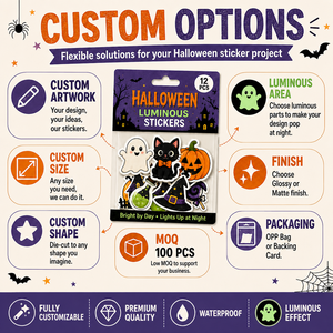 Autocollants d'Halloween Lumineux de Nuit Imperméables Découpés sur Mesure avec Logo Personnalisé, Motifs Chat et Chapeau de Sorcière, pour Scrapbooking et Fêtes - Product Image 5