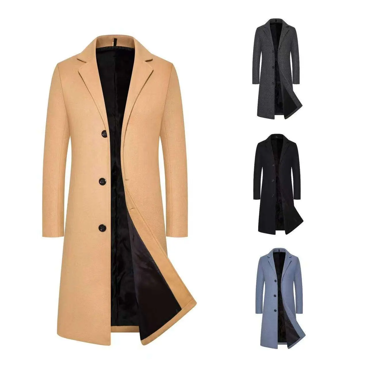 가을 겨울 새로운 패션 턴다운 칼라 단색 오버 코트 심플 버튼 캐주얼 남성 코트 긴 길이 모직 캐주얼 코트