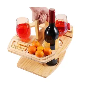 Wood Camping Champagne Snack Serving Tables Outdoor Portable Bamboo Folding Small Picnic Table With Bottle And Glass Holder