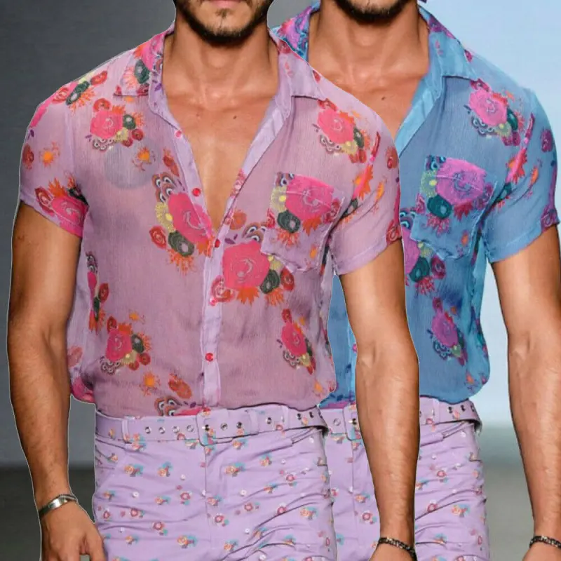 Summer Mesh Short Sleeve See Through Button Down Shirt Floral Sexy Male Tops Transparent Custom Logo Mens Mesh Tee Shirt