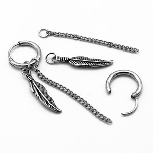 yunnique Tibetan <b>Silver</b> Feather <b>Drop</b> <b>Earrings</b> Titanium Steel Studs Round Hoop Long Chain Dangle <b>Earrings</b> For Couples Gift - Product Image 4