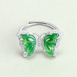 Authentic natural jadeite green butterfly pendant in icy-grade <b>jade</b>. S925 silver set with a women's style <b>ring</b> earring - Product Image 3