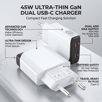 Chargeur mural HNT PD 45W double port Slim GaN à charge rapide PPS QC3.0 SCP Type C avec prise EU pour Samsung iPhone 15 14