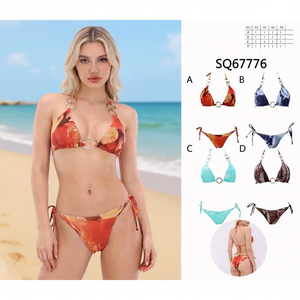 Set Bikini SQ67776 Taglie Forti 42 44 46 48 con Top Halter Stampato e Slip con Laccetti Laterali, Costumi da Bagno Donna, Abbigliamento da Spiaggia - Product Image 3