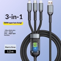 Kabel Data 3-in-1 Tipe-C Pengisian Daya Super Cepat 100W dengan LED Transparan untuk Penggunaan Komputer dan Mobil