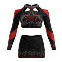 Uniforme de Porristas de Dos Piezas en Spandex, Manga Larga, Cintura Elástica, Color Rojo Brillante, Atuendo Juvenil para Animadoras