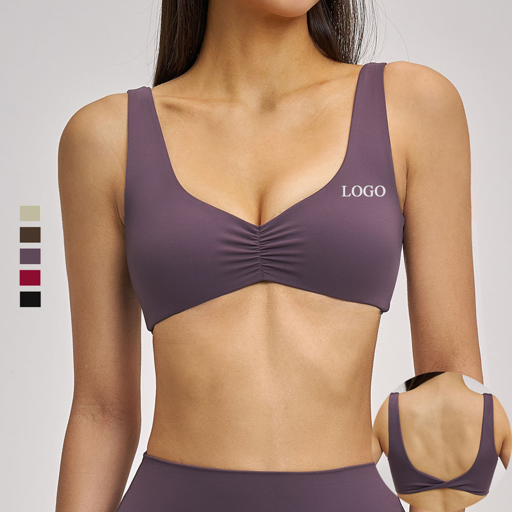 Custom Eco-Friendly Recyclable Nylon Spandex High Elastic Pleated Yoga Bra Gym Active Top Breathable Moisture-Wicking Sports Bra
