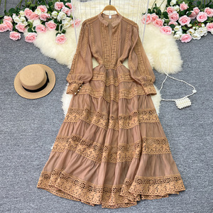 Nouvelle Tunique Vintage Midi Décontractée pour <span class=keywords><strong>Femme</strong></span> à Manches Lanternes Coupe Empire Patchwork <span class=keywords><strong>Robe</strong></span> en Dentelle Creuse <span class=keywords><strong>Noire</strong></span> <span class=keywords><strong>et</strong></span> <span class=keywords><strong>Blanche</strong></span> - Product Image 3