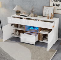 Buffet de salon blanc et bois avec 4 tiroirs et éclairage LED, design élégant, armoire élégante
