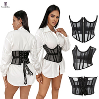 Nouveauté 2023 : Bustier sans bonnets à fermeture éclair avant et lacets, en maille transparente, style corset court pour femme – Idéal pour l'été