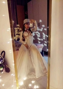 Robe de créateur Maxi pour femme, manches longues, élégantes, blanches, avec strass, pour les soirées en <span class=keywords><strong>club</strong></span>, les spectacles de danse Drag <span class=keywords><strong>Queen</strong></span> Stage - Product Image 4