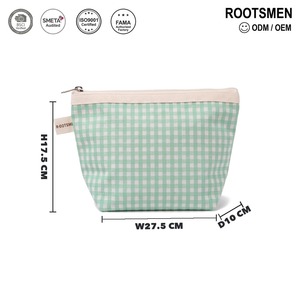 Bolsa de Aseo Grande a Cuadros Verde Menta, Forma Trapezoidal de 27 cm, Bolsa de Lavado con Ribete de Lona Color Crudo, Cierre de Cremallera Superior, Logotipo Personalizado OEM, para Viaje - Product Image 5