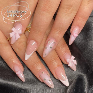 My Seven Days BZ1504 24 Piezas de Uñas Postizas Removibles con Diseño Francés, Puntas de Corazón y Pegatinas de Lazo con Diamantes de Imitación - Product Image 2