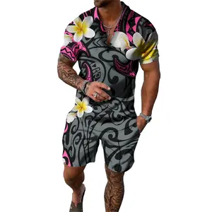 Drop Shipping男装岛屿服装套装定制印花时尚波利尼西亚夏威夷马球领衬衫男士短裤2件套