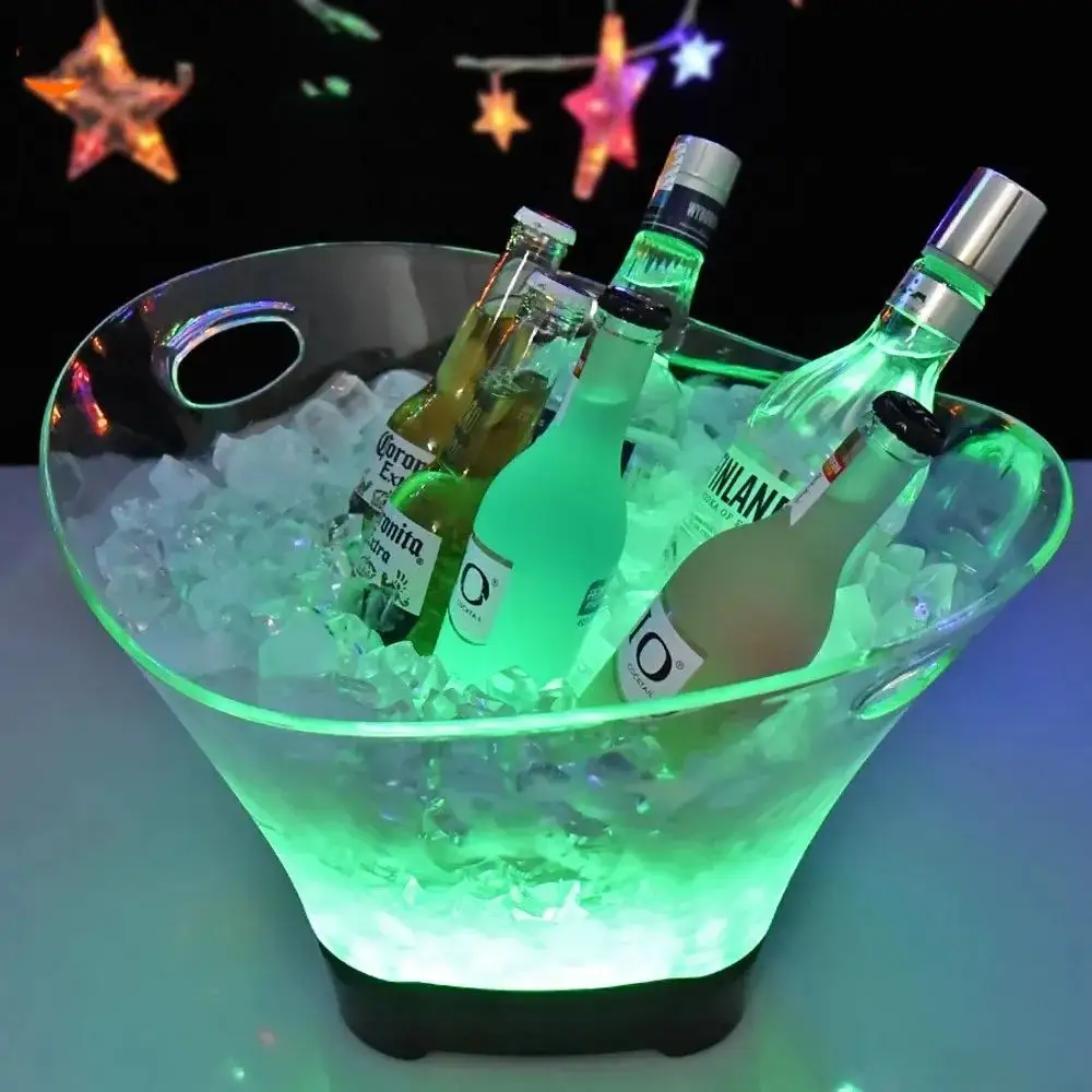 Cubo de hielo de plástico transparente para champán Cubo de hielo iluminado con LED grande Cubo de hielo con luz LED
