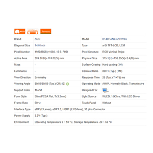 หน้าจอแล็ปท็อป LCD ใหม่ ขนาด 14.0 นิ้ว ความละเอียด 1920x1080 แบบไม่มีระบบสัมผัส FHD โมดูลหน้าจอ EDP 30 พิน 92% SRGB รุ่น B140HAN03.3/1/2/4/5/6/7/8/9/G/L/E/F/C/B/D/H/<span class=keywords><strong>J</strong></span>/K - Product Image 3