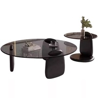 Zayshine Table Basse Minimaliste Italienne avec Plateau en Verre et Piètement en Bois Massif, Ronde, Noire, pour Salon, Ensemble de Meubles Design Simple