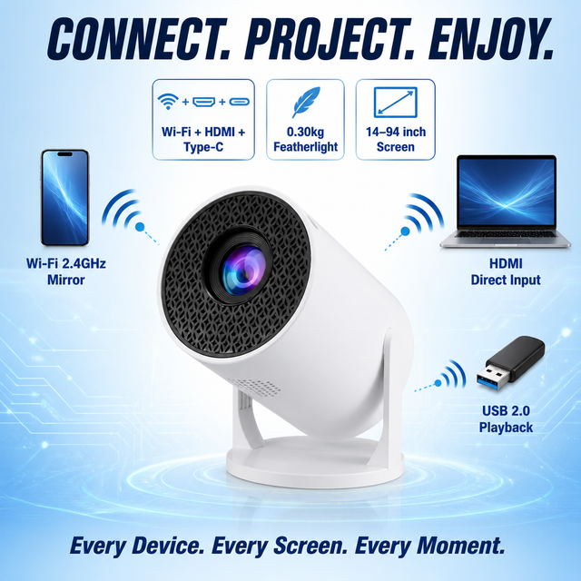 Camping Movie Projector Mini 0.3KG Portable LED Projector Short Throw 50 ANSI WiFi Wireless Push for Tent Night Family Fun