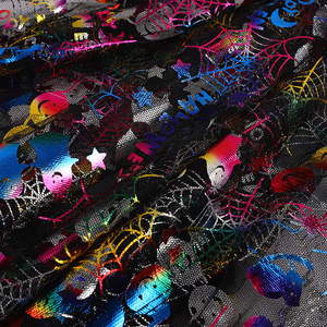 Nuevos diseños Fancy Shiny Foil Tul Mesh <span class=keywords><strong>Halloween</strong></span> Black Skull Bat Spider Mesh Fabric by the Yard - Product Image 2