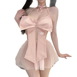 Conjunto de lencería de tres piezas con lazo rosa, seductor y atractivo, sin necesidad de quitarlo, lencería coqueta y sexy qqny - Product Image 5