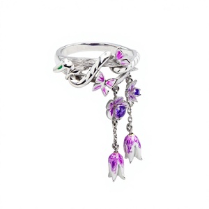 Bague de Mariage de Luxe pour Femme en Argent Sterling 925 Rhodié, Ornée d'Améthyste Violette et d'Émail, Motif Fleur, Serpent et Pompon, par un Créateur de Bijoux Raffinés - Product Image 4