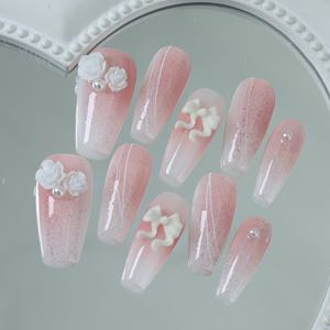 Prix d'usine, vente en gros : Faux ongles à presser faits main, couvrance totale, forme cercueil moyenne, en acrylique de luxe, motif étoile et papillon - Product Image 3