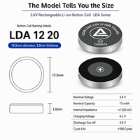 Baterai Koin Sel Lithium Ion LDA1220 15mAh Diameter 12.5mm untuk Pembuat Instrumen Portabel dan Alat Bantu Dengar