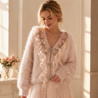 Maßgefertigte Handgemachte Blumen-Perlen-Diamant-Rüschen Nerz-Samt Strickjacke Damen Herbst- und Winter-Design Gestrickter Cardigan