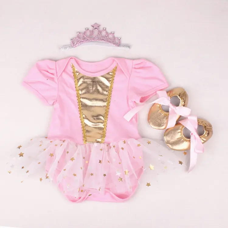 卸売ピンクカラー女の赤ちゃんボディスーツチュチュドレス + ヘッドバンド + 靴3個ギフトセット