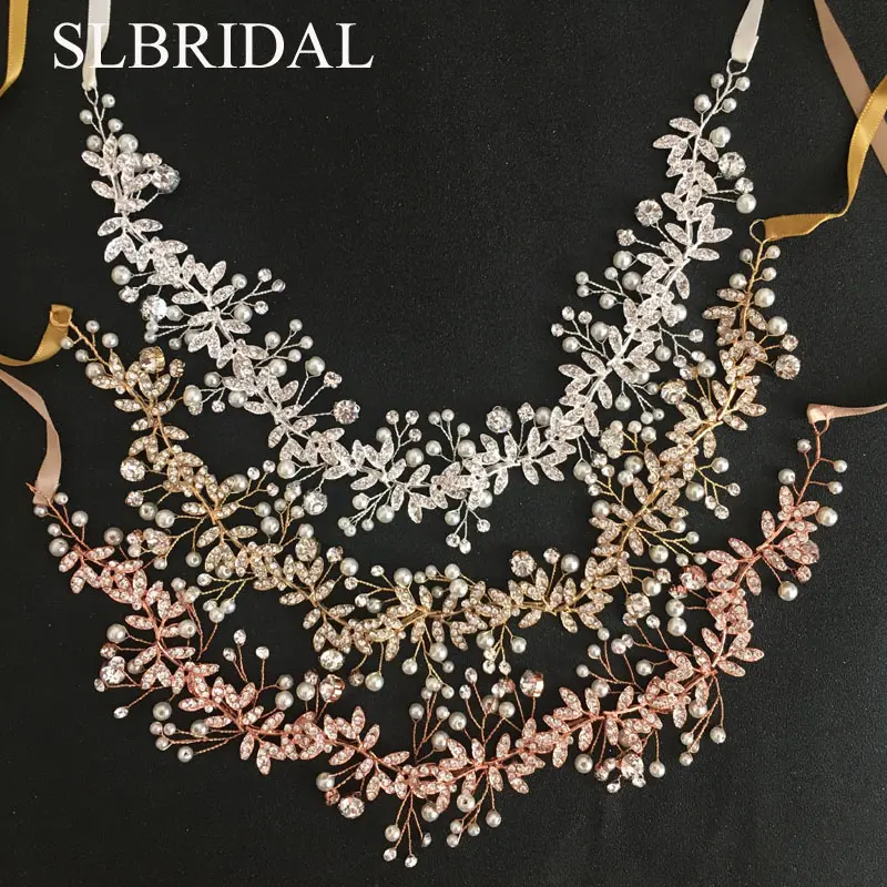 SLBRIDAL hecho a mano con cable de diamantes de imitación de cristal perlas de la boda accesorios para el cabello diadema de novia damas de honor de la joyería de las mujeres