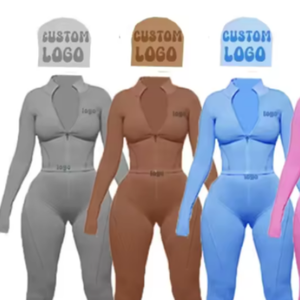Combinaison de yoga pour femmes avec logo personnalisé, couleur unie, respirante, fermeture éclair, moulante, sexy, manches longues, deux pièces, fitness, sans couture, <span class=keywords><strong>XXL</strong></span> - Product Image 5