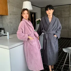 Fluffy Long Home Robe Colorful Solid Thick Warm Couple Pink Embroidery Bathrobe Winter Plus Size Women Micro Fleece Bathrobe