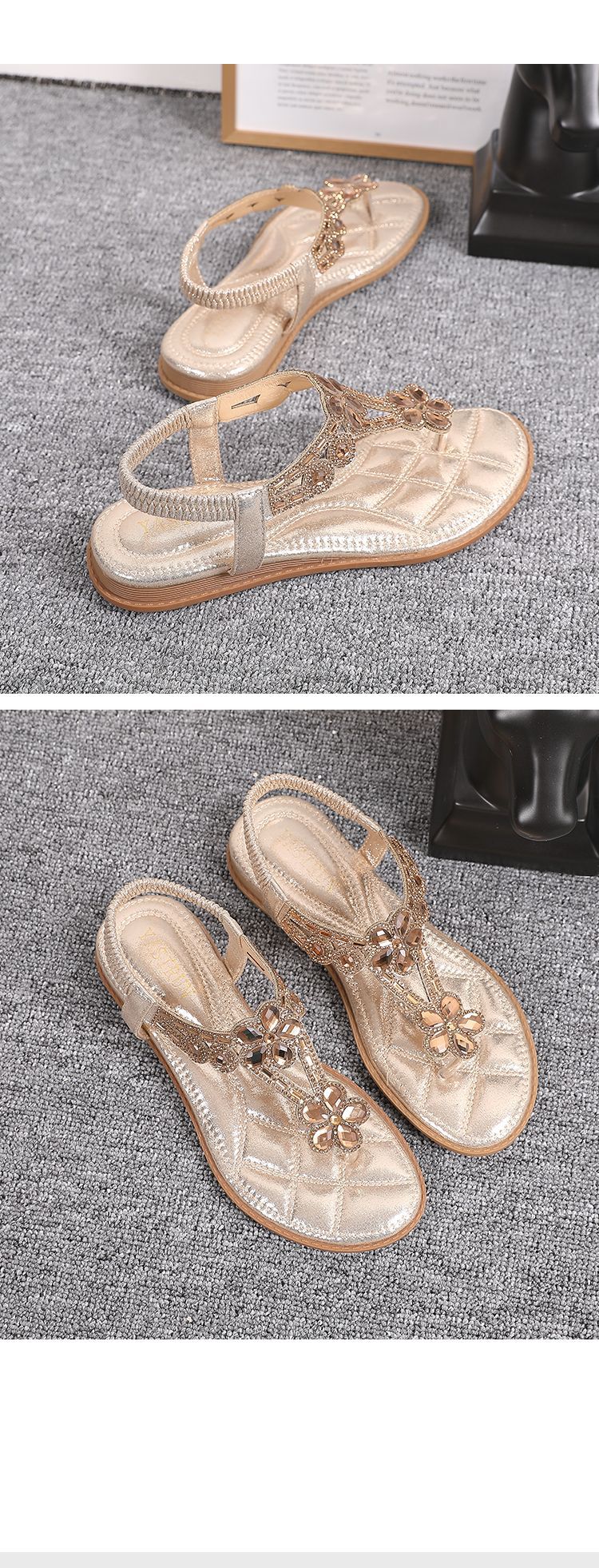 Large Size Rhinestone Sandals Femme Korean Flat Heel Hollowed Bohemian Women Shoes