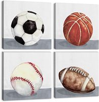 Ensemble de 4 tableaux muraux en aquarelle sur toile, thème balles de sport (Football, Basketball, Baseball, Football Américain), pour décoration de salle de jeux et chambre de garçons