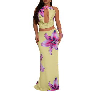 Conjunto de falda larga y top corto sin espalda para mujer, conjunto de 2 piezas con estampado floral para discoteca, playa o fiesta - Product Image 5