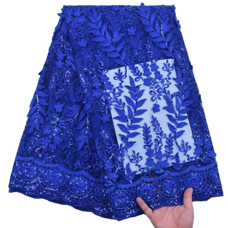 New Sequins African Lace Fabric High Quality 3D Flower Milk Silk Lace Royal Blue Embroidery Nigerian Tulle Lace Fabric 2160