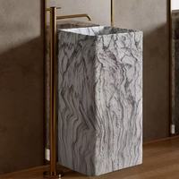Lavabo sur pied minimaliste carré en travertin artificiel AQ, finition marbre imitation, lavabo artistique intégré au sol