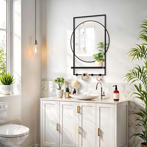 Beautme tường gương với kệ, 20 "x 28" vòng kim loại màu đen khung phòng tắm gương lối vào gương với Hooks - Product Image 5