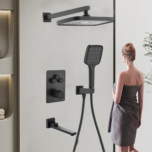 Conjunto de Ducha Empotrado Negro Rectangular Termostático con Tecnología Anticorrosión y Antidecoloración, Montado en Pared, Agua Fría y Caliente, con Rociador de Mano - Product Image 1