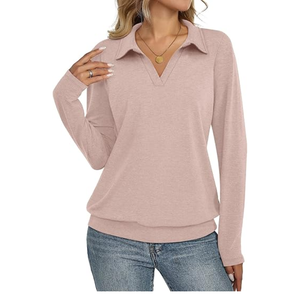 Camiseta Polo Formal de Oficina para Mujer, Manga Larga, Cuello en V, Cintura Ajustada, Tejido de Punto Transpirable, Estampado Liso - Product Image 1