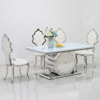 Table à manger moderne en verre super blanc, acier inoxydable, argent