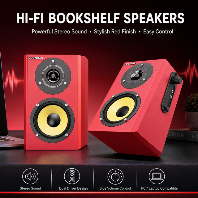 Cool Red 3.5mm AUX USB Powered 2.0 Bookshelf PC Laptop Monitor Gaming Speakers