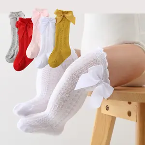 Spanish Style Baby Girls Knee High Socks Newborn Knit Cotton Tube Ruffled Hollow out Long Stockings with Bow Infant Socks